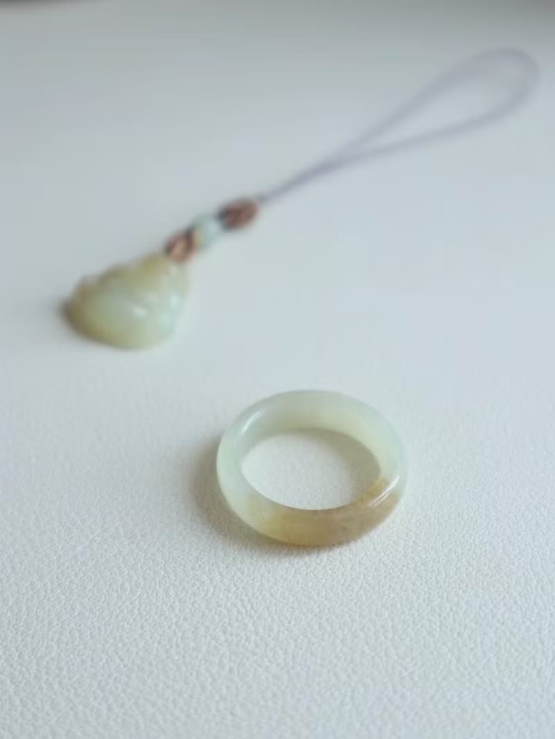 天然和田玉佛公手機掛 糖白和田玉指環戒指套裝指環內徑17mm