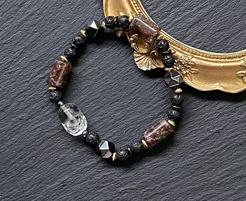 幽靈水晶  火山岩  黑膽石 椰殼 白水晶貔貅黃銅手鍊 財運 旺人緣