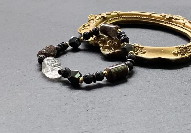 幽靈水晶  火山岩  黑膽石 椰殼 白水晶貔貅黃銅手鍊 財運 旺人緣
