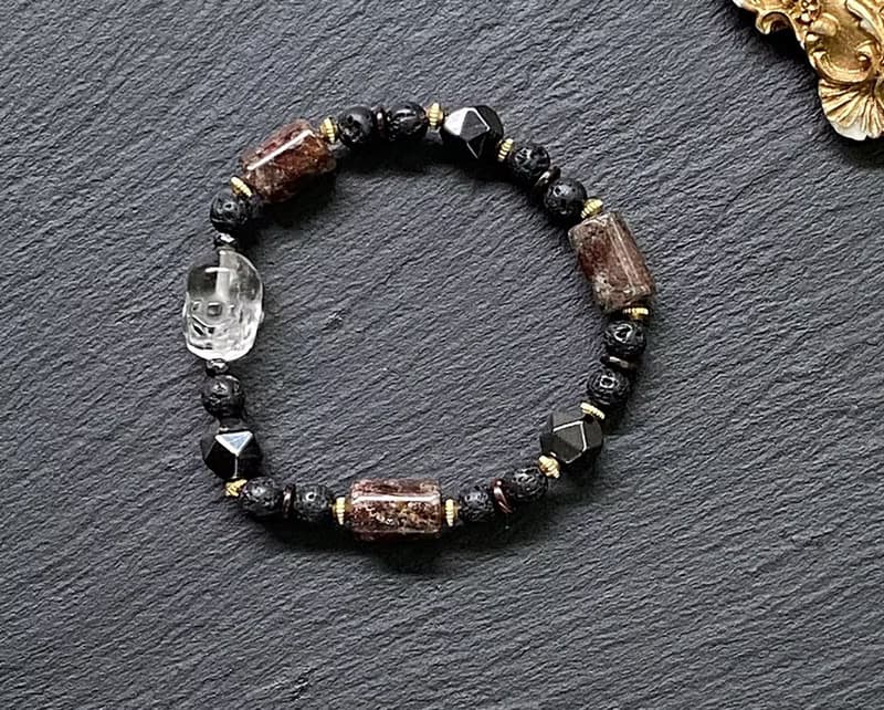 幽靈水晶  火山岩  黑膽石 椰殼 白水晶貔貅黃銅手鍊 財運 旺人緣