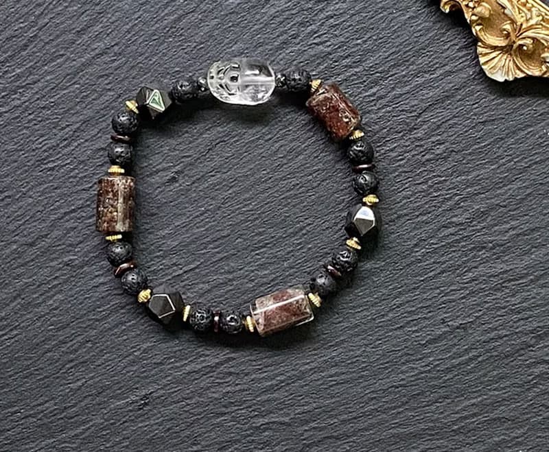 幽靈水晶  火山岩  黑膽石 椰殼 白水晶貔貅黃銅手鍊 財運 旺人緣