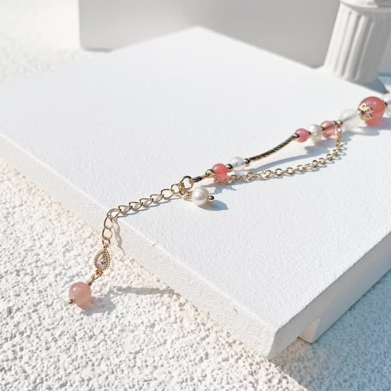 粉晶 草莓晶 紅紋石 月光石 淡水珍珠 14K包金天然水晶手鍊
