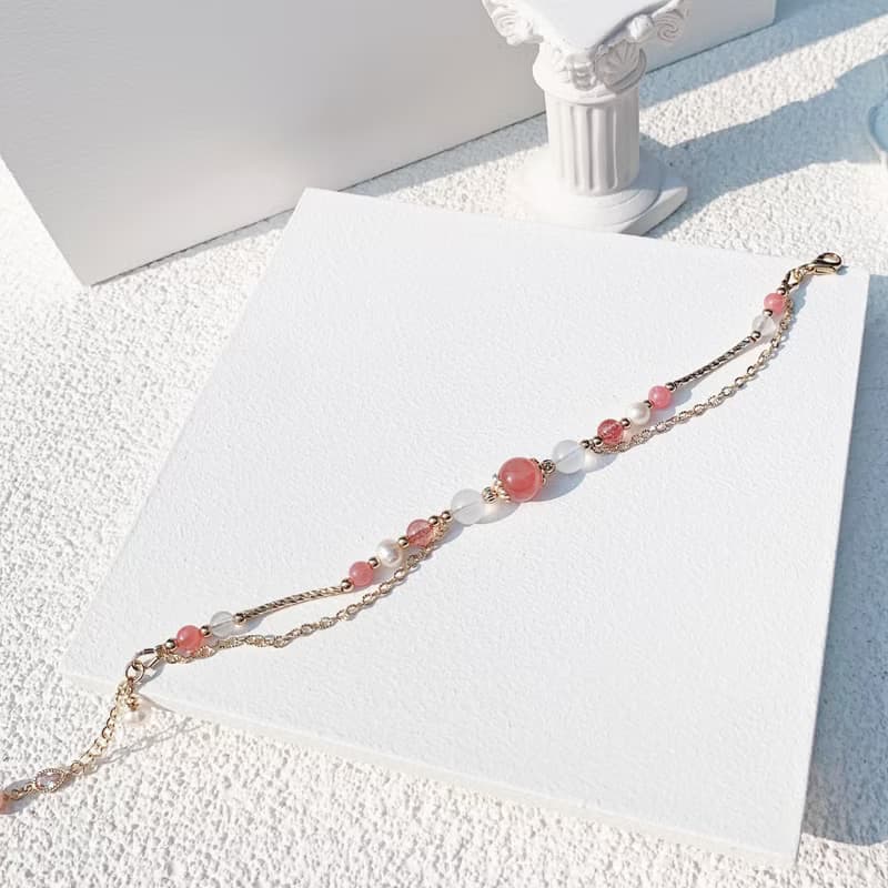 粉晶 草莓晶 紅紋石 月光石 淡水珍珠 14K包金天然水晶手鍊