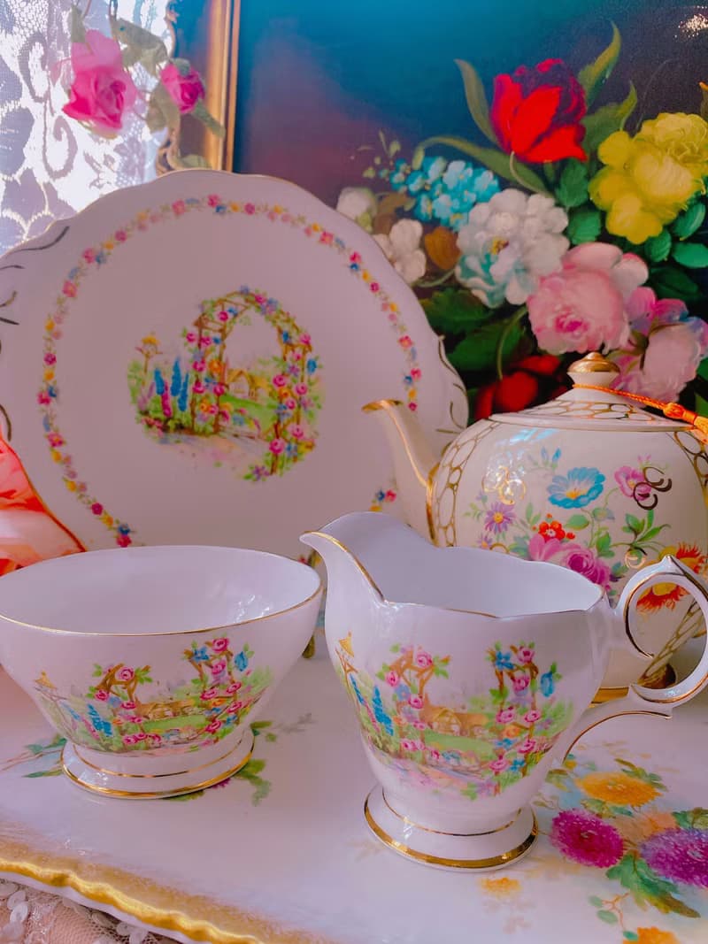 英國製1930年手繪鄉村風古董奶壺糖碗兩件組新年禮物情人節禮物