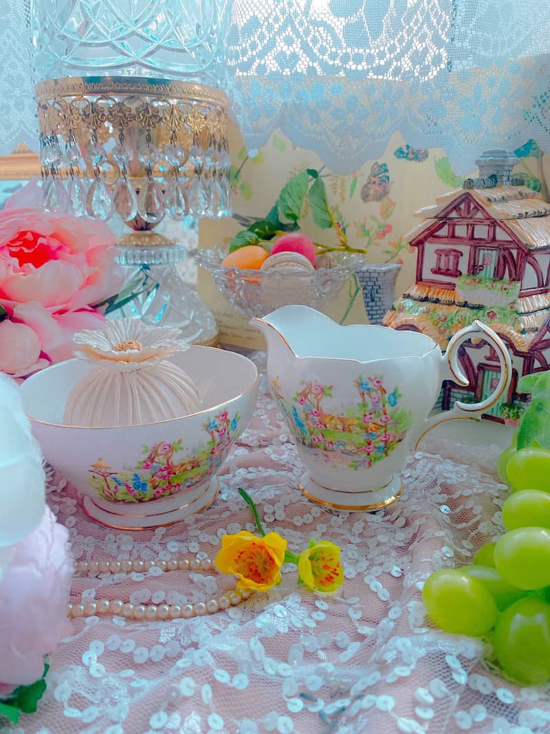 英國製1930年手繪鄉村風古董奶壺糖碗兩件組新年禮物情人節禮物