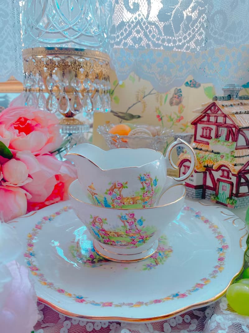 英國製1930年手繪鄉村風古董奶壺糖碗兩件組新年禮物情人節禮物