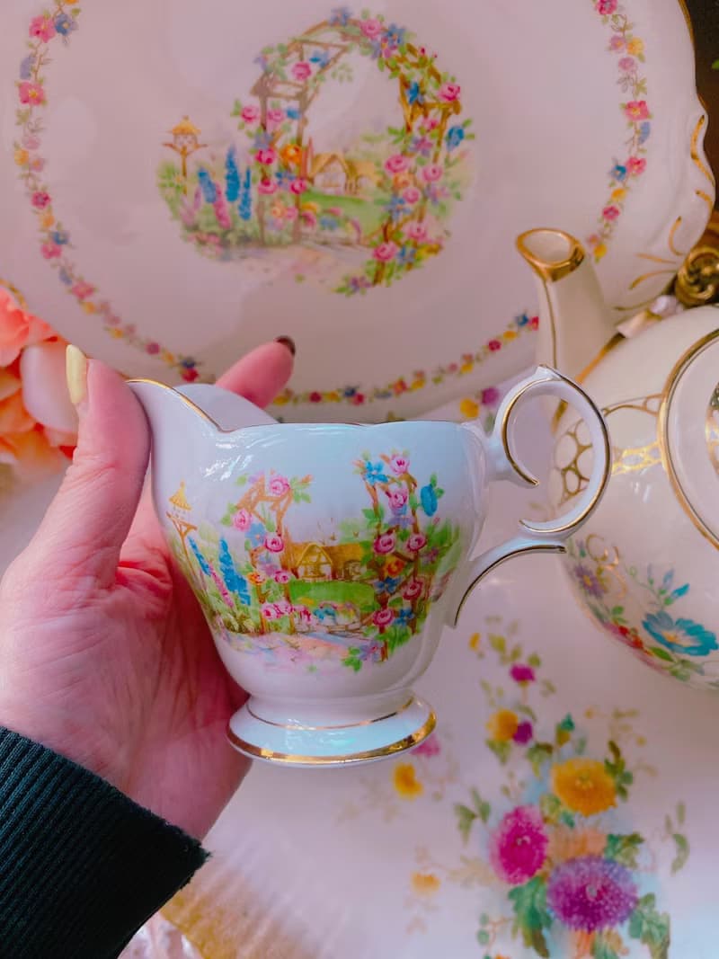 英國製1930年手繪鄉村風古董奶壺糖碗兩件組新年禮物情人節禮物