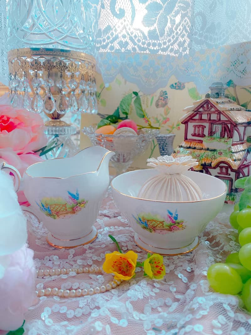 英國製1930年手繪鄉村風古董奶壺糖碗兩件組新年禮物情人節禮物