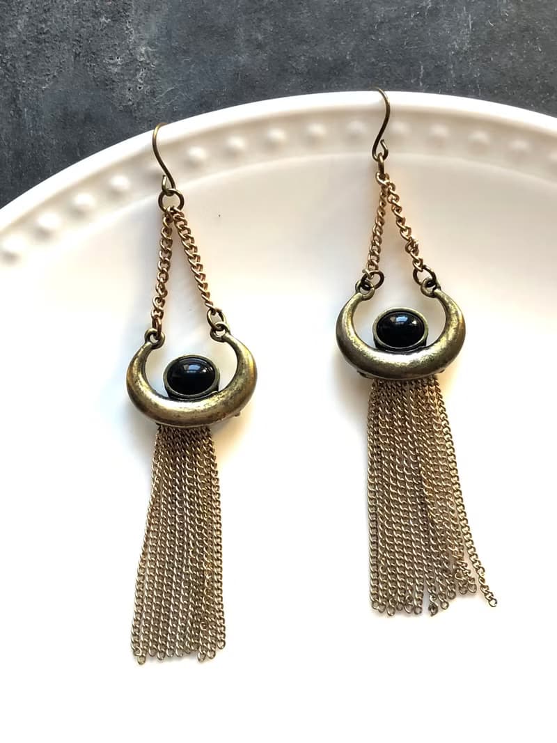 Vintage Marble Embed Antique Brass Tassels Drop Earrings