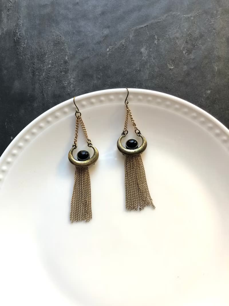Vintage Marble Embed Antique Brass Tassels Drop Earrings