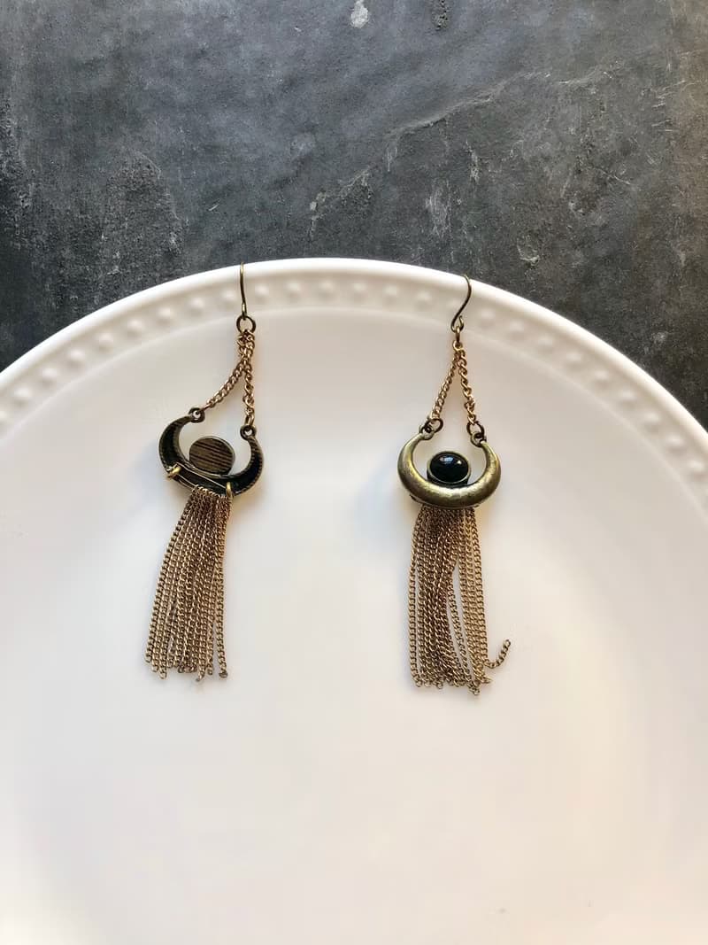 Vintage Marble Embed Antique Brass Tassels Drop Earrings