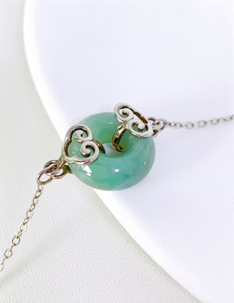 天然緬甸翡翠A玉平安扣配祥雲玉扣銀手鍊 能量石