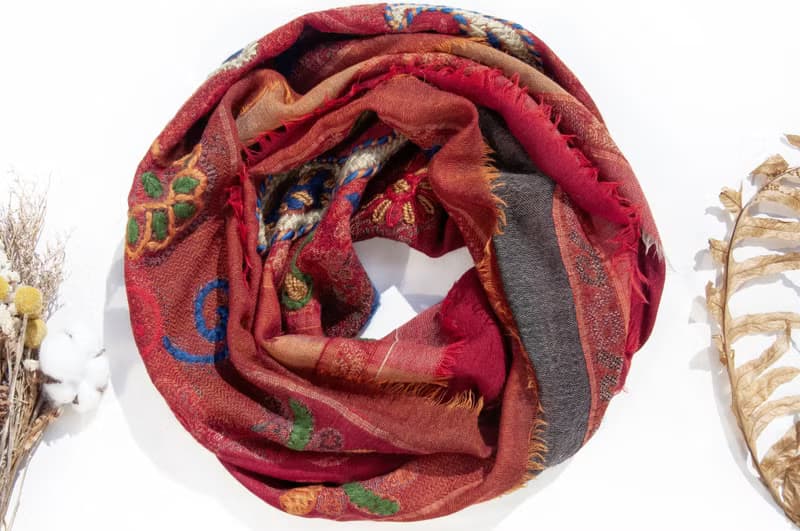 喀什米爾Cashmere/水煮羊毛披肩/針織圍巾/刺繡圍巾/羊絨披巾-花