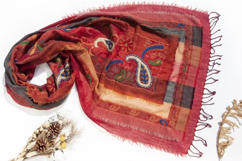 喀什米爾Cashmere/水煮羊毛披肩/針織圍巾/刺繡圍巾/羊絨披巾-花