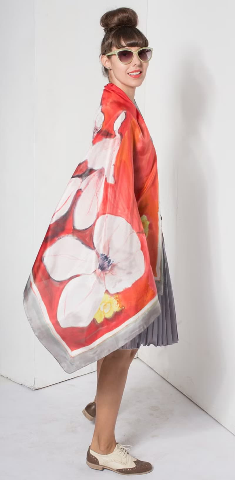 Scarlet Red Silk shawl, Magnolia Silk Scarf painted by hand/ Designer Scarf