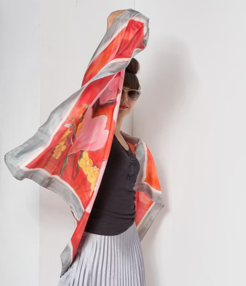 Scarlet Red Silk shawl, Magnolia Silk Scarf painted by hand/ Designer Scarf