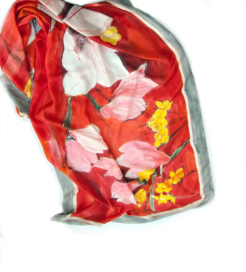 Scarlet Red Silk shawl, Magnolia Silk Scarf painted by hand/ Designer Scarf