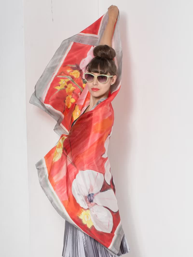 Scarlet Red Silk shawl, Magnolia Silk Scarf painted by hand/ Designer Scarf