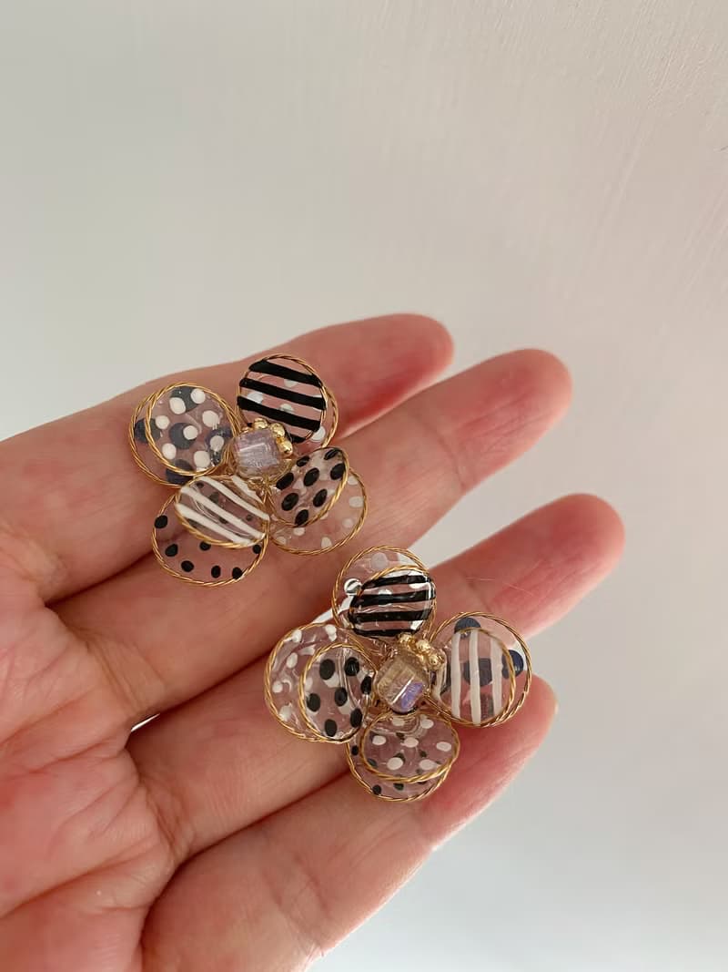 銅線花黑白、耳環、耳夾