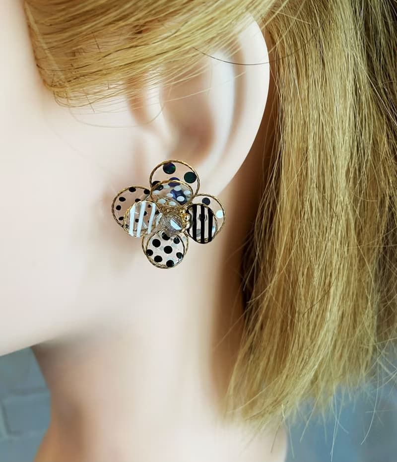 銅線花黑白、耳環、耳夾