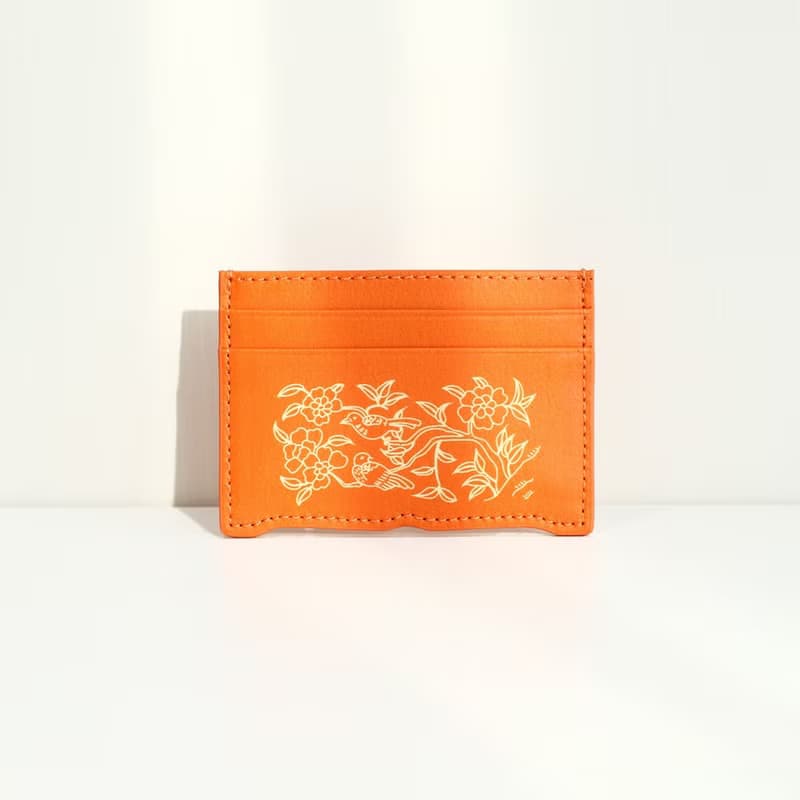 Vegan eco-friendly Hanji Leather Peony and Birds 韓国 誕生日プレゼント Card Wallet Orange