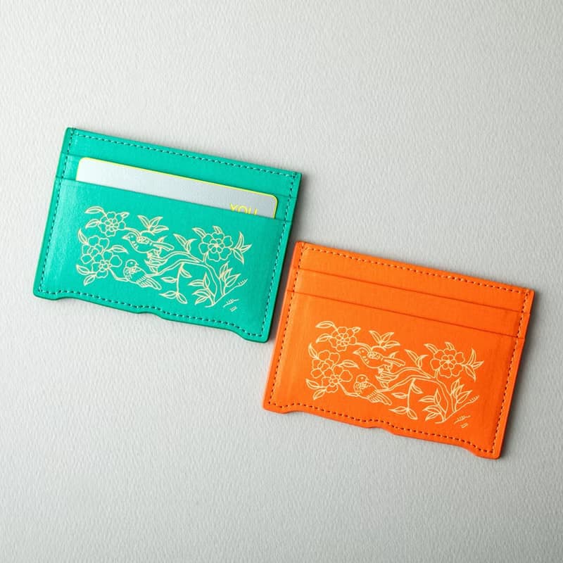 Vegan eco-friendly Hanji Leather Peony and Birds 韓国 誕生日プレゼント Card Wallet Orange