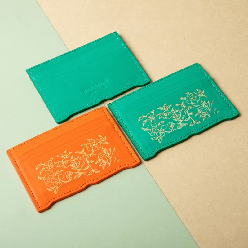 Vegan eco-friendly Hanji Leather Peony and Birds 韓国 誕生日プレゼント Card Wallet Orange