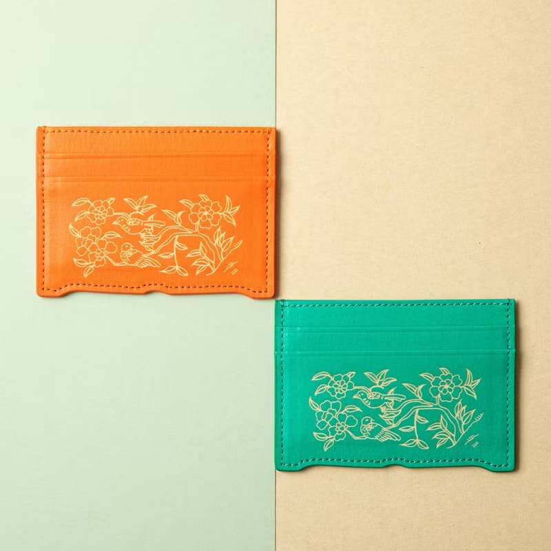 Vegan eco-friendly Hanji Leather Peony and Birds 韓国 誕生日プレゼント Card Wallet Orange