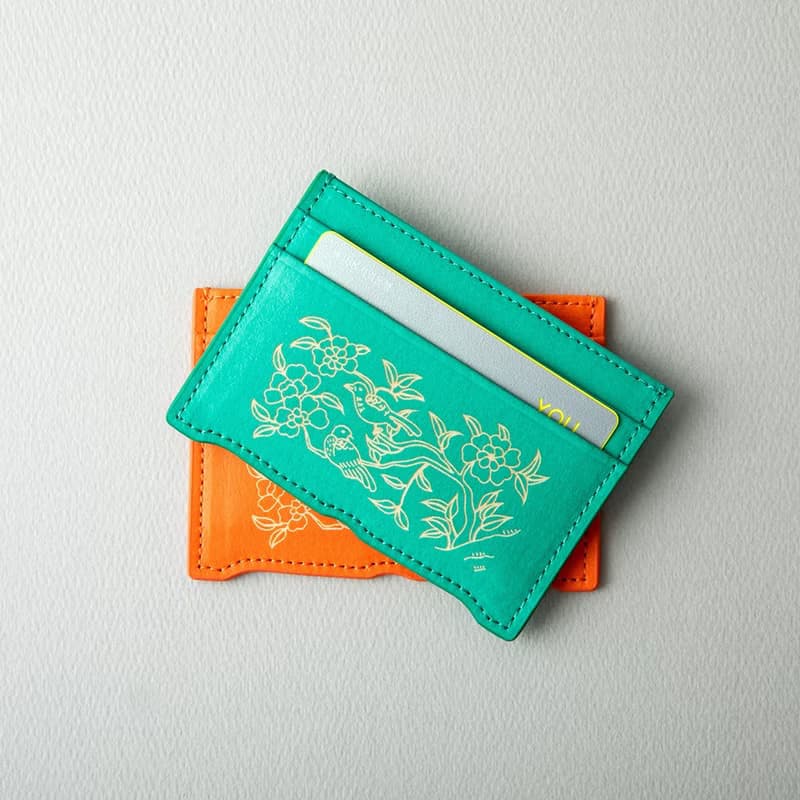 Vegan eco-friendly Hanji Leather Peony and Birds 韓国 誕生日プレゼント Card Wallet Orange