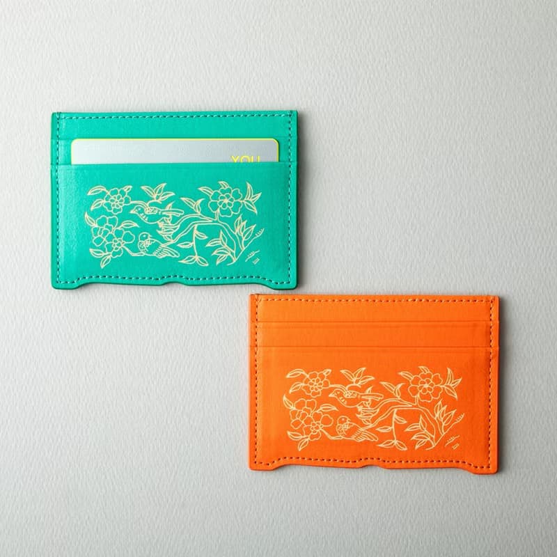 Vegan eco-friendly Hanji Leather Peony and Birds 韓国 誕生日プレゼント Card Wallet Orange