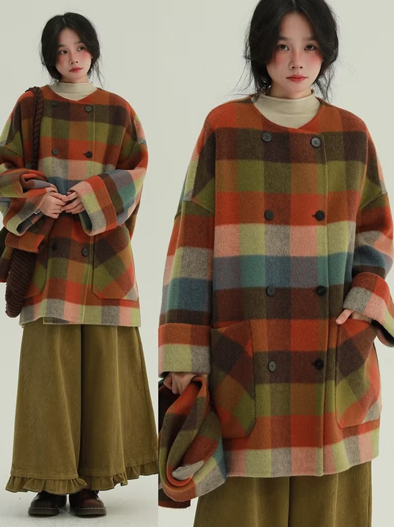 安徒生童話 彩虹格紋帶圍巾雙面尼外套 文藝女主長款料大衣