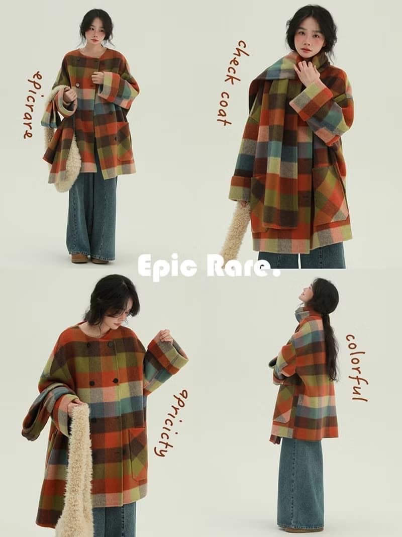 安徒生童話 彩虹格紋帶圍巾雙面尼外套 文藝女主長款料大衣