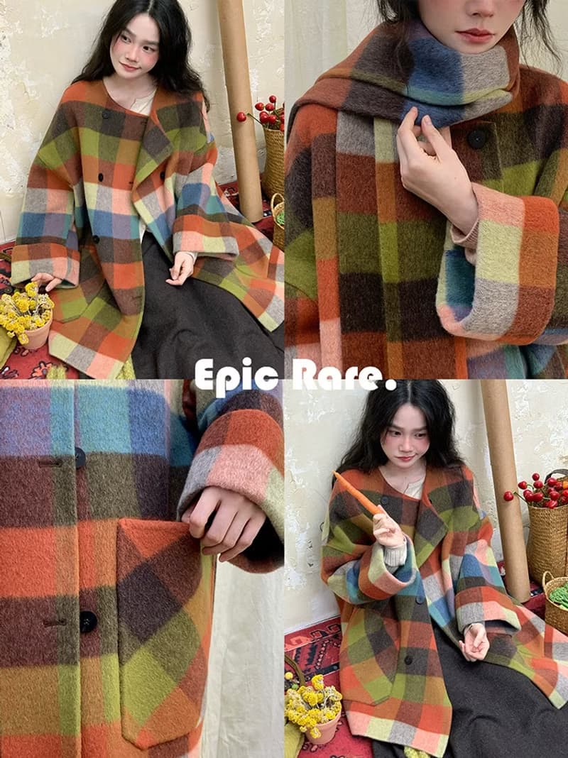 安徒生童話 彩虹格紋帶圍巾雙面尼外套 文藝女主長款料大衣