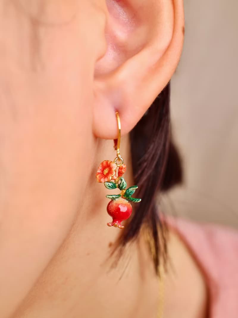 Pomegranate Earrings, Fruity Blossom, Enamel Jewelry