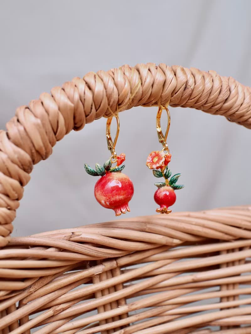 Pomegranate Earrings, Fruity Blossom, Enamel Jewelry