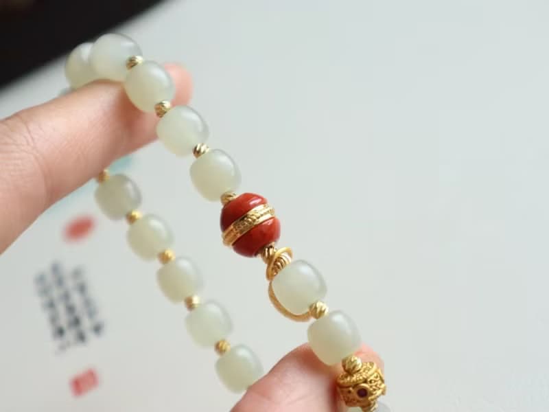 精品和田玉老型珠手鏈手串 晴水老型珠細膩油潤搭配南紅平安喜樂
