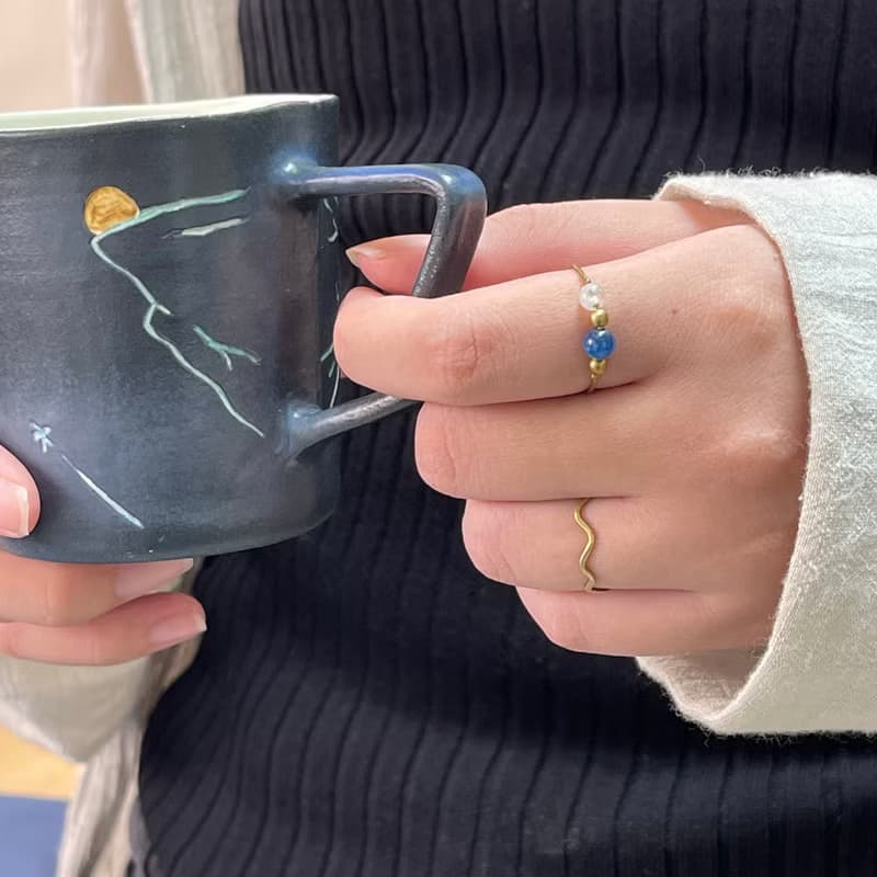 老林雜貨 | 天然石黃銅戒 圓珠 (藍晶石/藍紋瑪瑙)