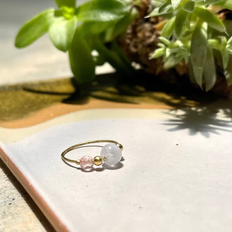 老林雜貨 | 天然石黃銅戒 圓珠 (藍晶石/藍紋瑪瑙)