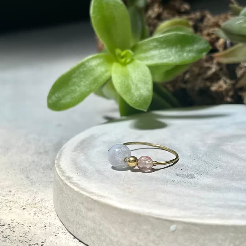 老林雜貨 | 天然石黃銅戒 圓珠 (藍晶石/藍紋瑪瑙)