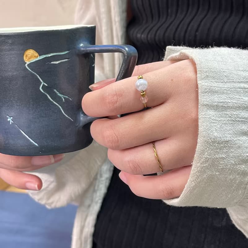 老林雜貨 | 天然石黃銅戒 圓珠 (藍晶石/藍紋瑪瑙)