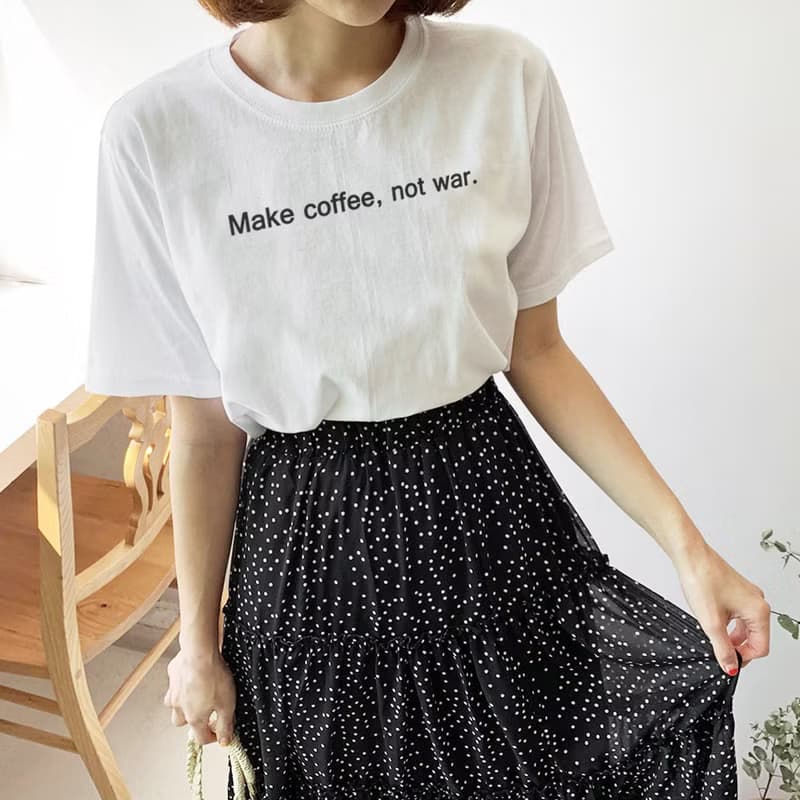 Make coffee not war 男女短袖T恤 白色 咖啡文字英文格言手工