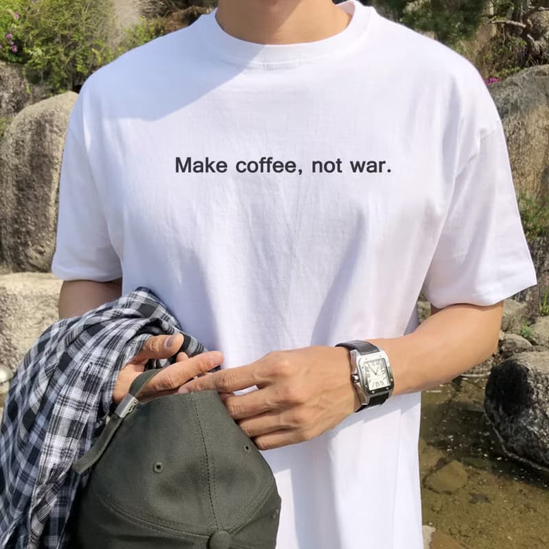 Make coffee not war 男女短袖T恤 白色 咖啡文字英文格言手工