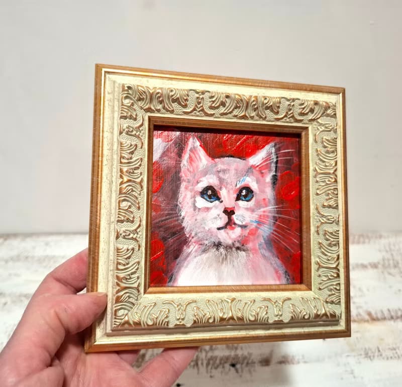 Mini White Kitten Original Acrylic Painting Framed Lovely Gift