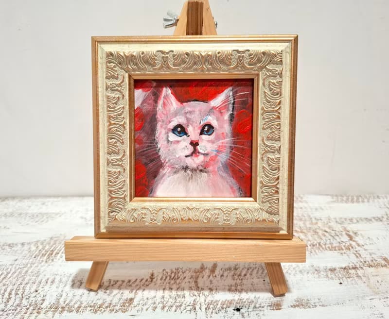 Mini White Kitten Original Acrylic Painting Framed Lovely Gift