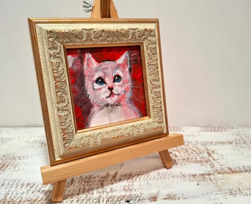 Mini White Kitten Original Acrylic Painting Framed Lovely Gift