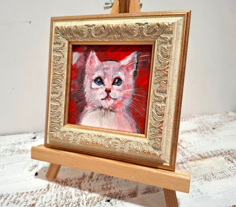 Mini White Kitten Original Acrylic Painting Framed Lovely Gift