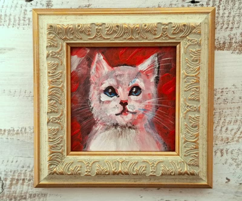 Mini White Kitten Original Acrylic Painting Framed Lovely Gift