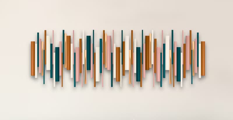 大型現代木質壁掛雕塑 青綠 粉膚 奶油白 搭配銅或鉻點綴