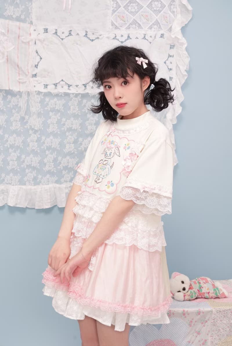 古著少女 remake手絹小狗蕾絲蛋糕短袖T恤