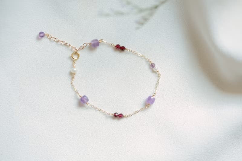 紫水晶石榴石珍珠手鍊│14KGF 天然石 誕生石 財富 戀愛運